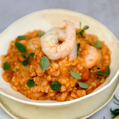 Risotto de mote con camarones