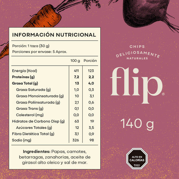Chips de Papas, Camote, Zanahoria y Betarraga 140g Flip