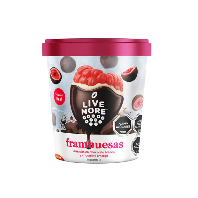 Frambuesas Bañadas con Chocolate Blanco y Chocolate Amargo 150G Livemore