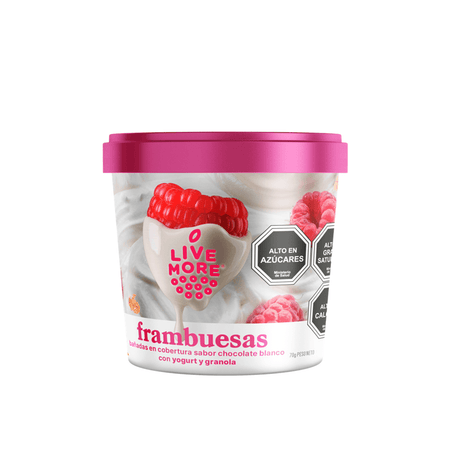 Frambuesas Bañadas con Chocolate Blanco con Yogurt y Granola 70G Livemore