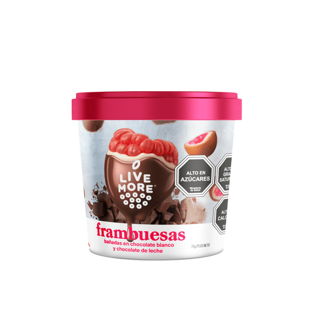Frambuesas Bañadas con Chocolate Blanco y Chocolate de Leche 70G Livemore